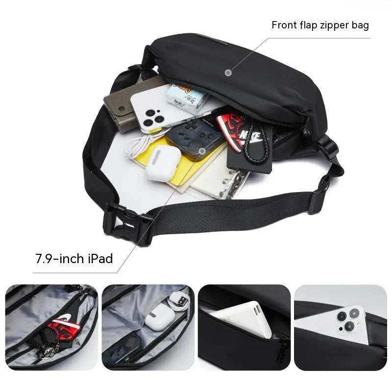Black Oxford cloth messenger bag for men with visible stitching, shown for one-shoulder carry.