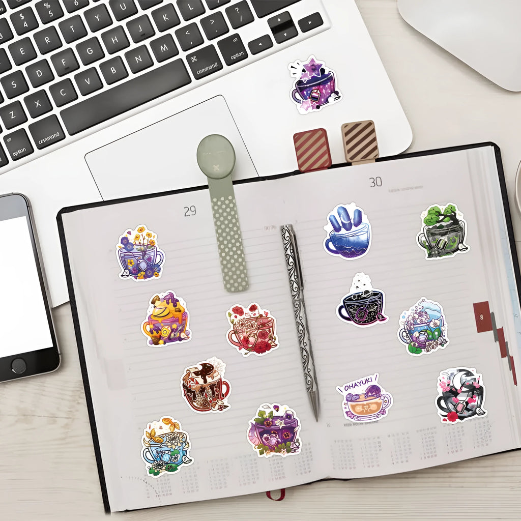 50 colourful tea cup graffiti waterproof stickers with Nordic style design for DIY luggage and scooter decoration