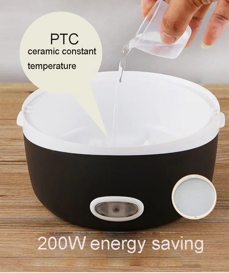 Portable electric lunch box with USB connector showing two-layer design and digital display