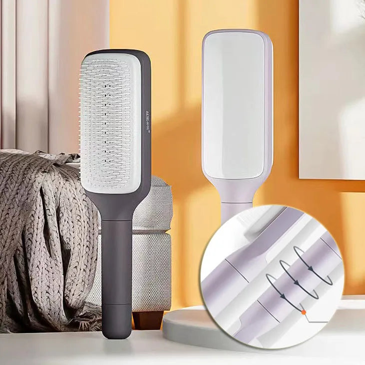 Self-cleaning anti-static massage hair brush with rotating handle in purple colour