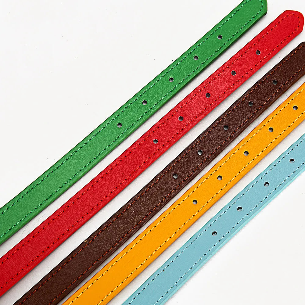 PU dog collar in S 1.0*30 and M 1.5*30 sizes, shown in Coffee, Sky blue, gold, green, and red colour options.