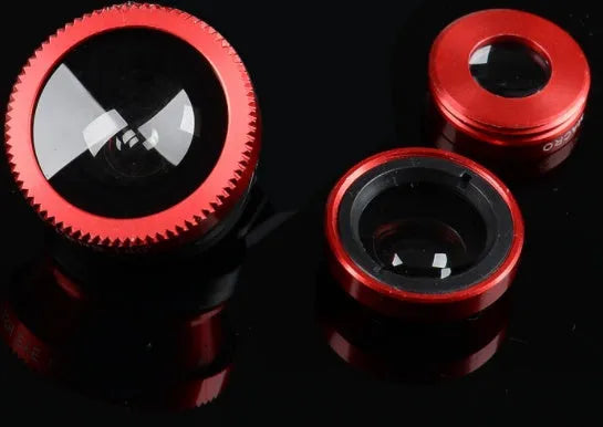 Fisheye mobile phone lens attachment with three-in-one fisheye, wide-angle, and macro capabilities.