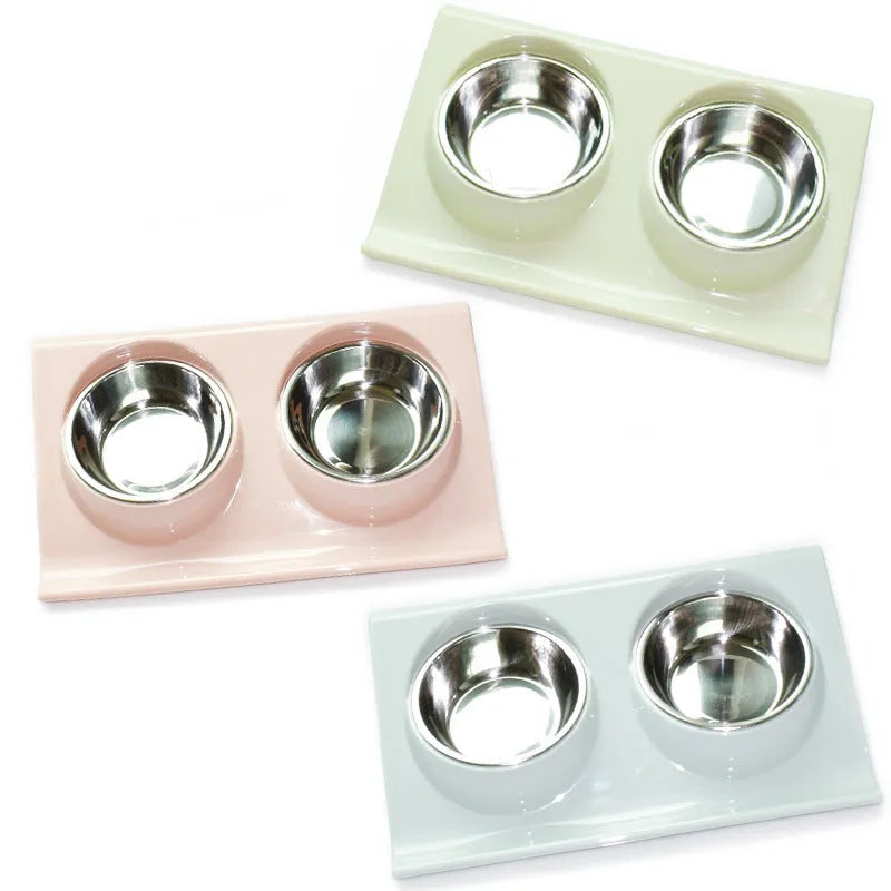 Stainless steel pet double bowl with PP base, 37.5x24x7.5cm, in green, pink, or blue