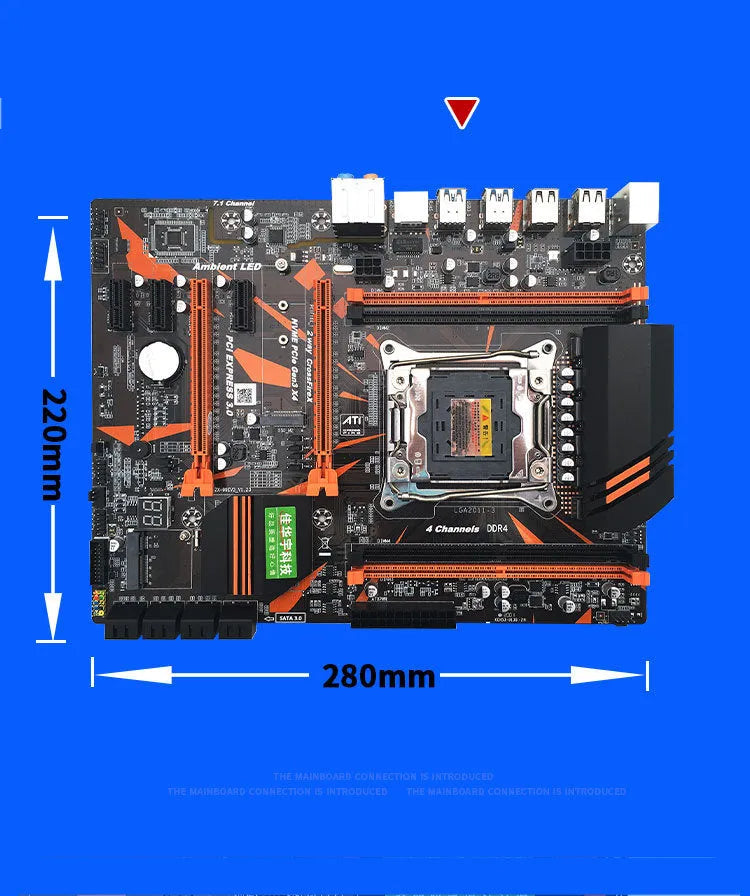 Black X99 computer motherboard with LGA2011-3 CPU socket, four DDR4 RAM slots, and PCIe expansion slots