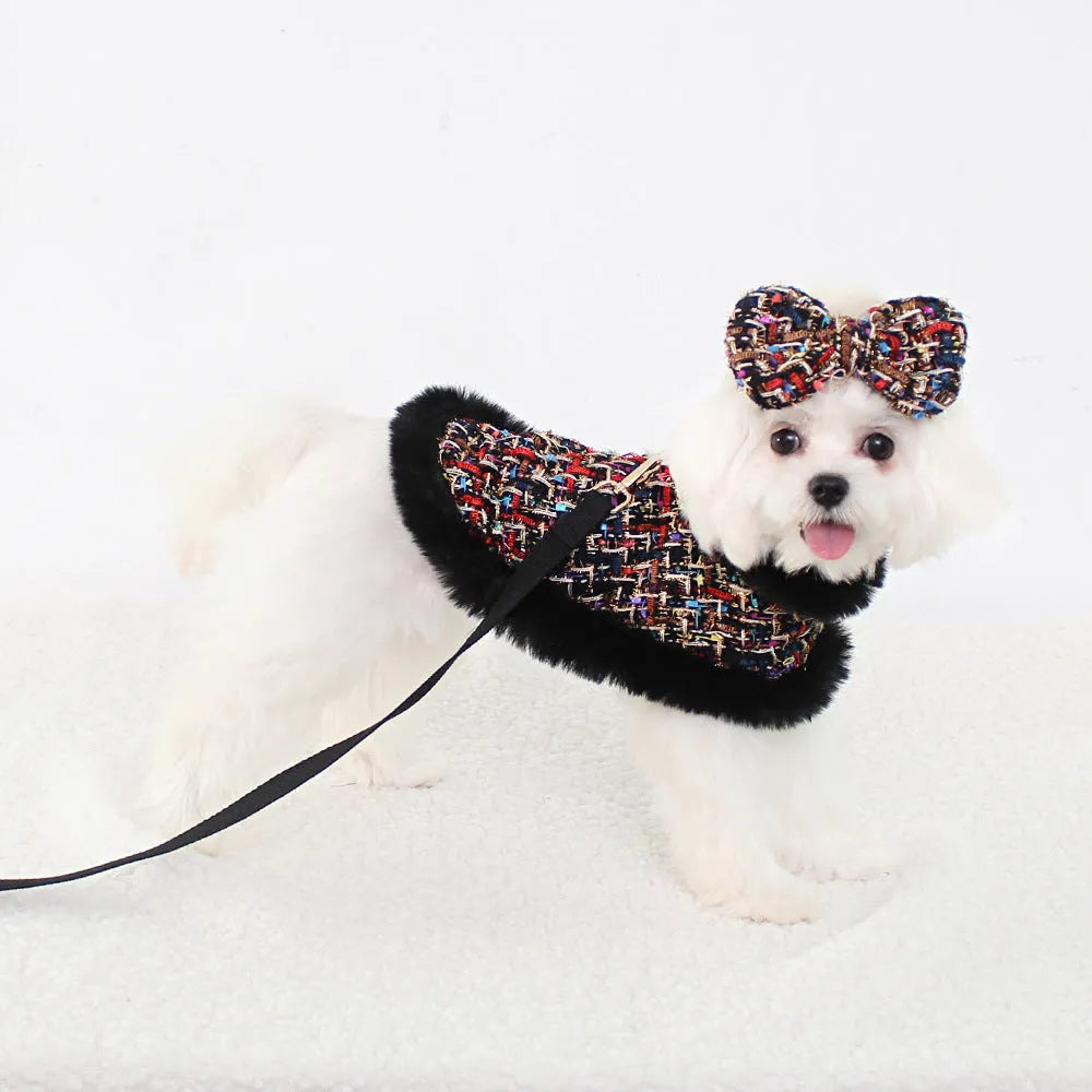 Classic pet dog cloak attached to chest strap harness with separate hand-holding leash in cloth material