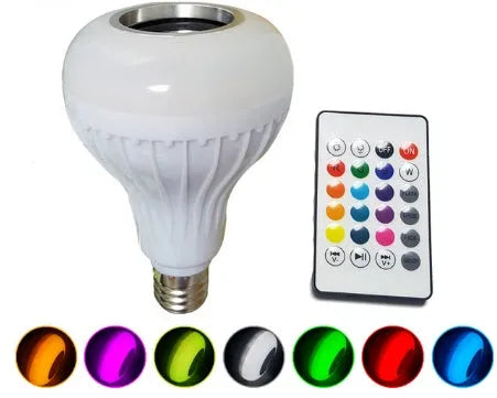 White Bluetooth smart light bulb with E27 base and remote control for 16 colour options and audio.