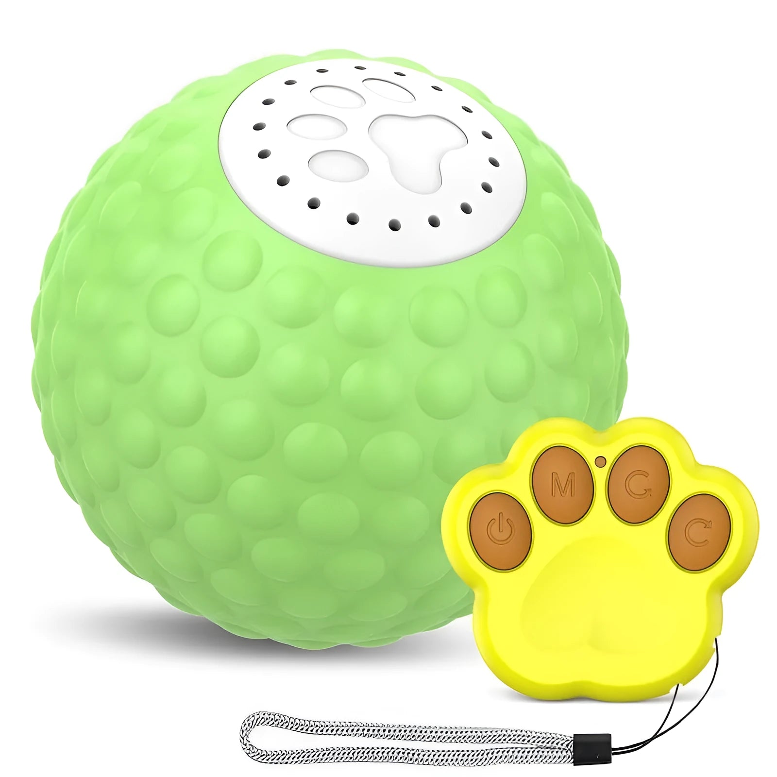 Blue remote control cat toy ball on a wooden floor next to its remote.
