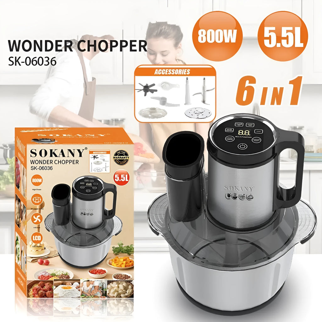 Stainless steel semi-automatic meat grinder with 5L capacity and vegetable cutting attachments