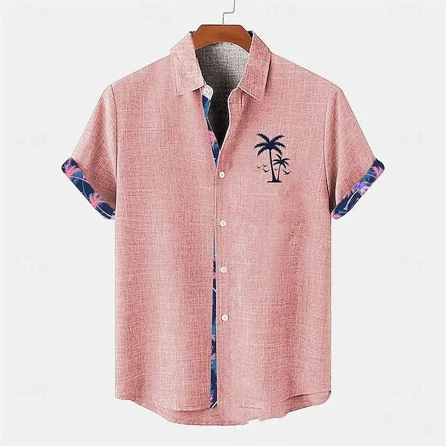 Linen loose-fit short sleeve casual shirt with an ocean fish pattern on the lapel.