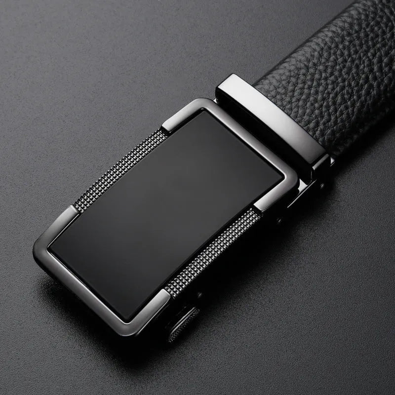 Men's leather belt with an automatic alloy buckle in a gun black electroplated finish.