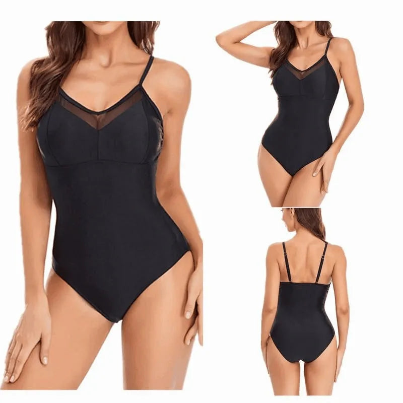 Ladies solid color backless one-piece swimsuit in black or blue with high elasticity mesh lining