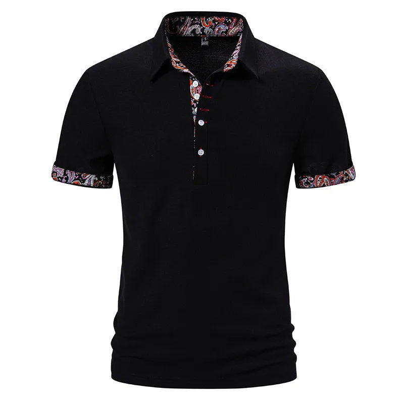 Men's white cotton blend polo shirt with colour stitching and short sleeves on a hanger.