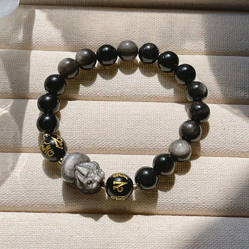 Men's handcrafted silver stone bracelet with Chinese proverbs and zodiac beads