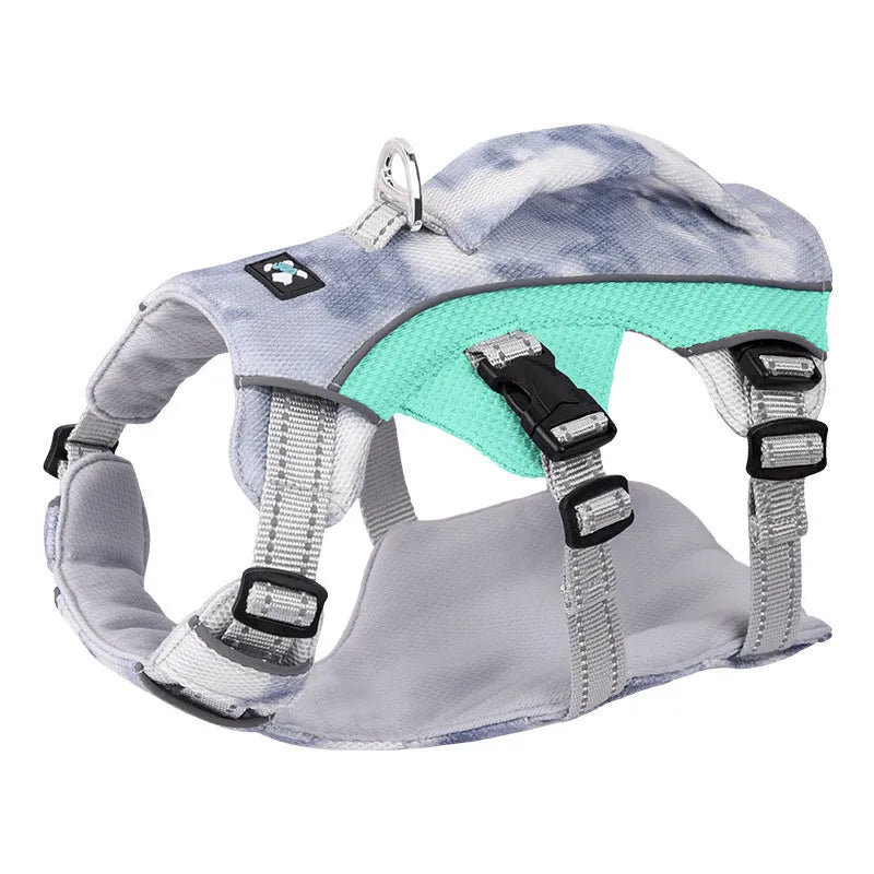 Reflective light blue pet cooling chest strap shown on a dog model