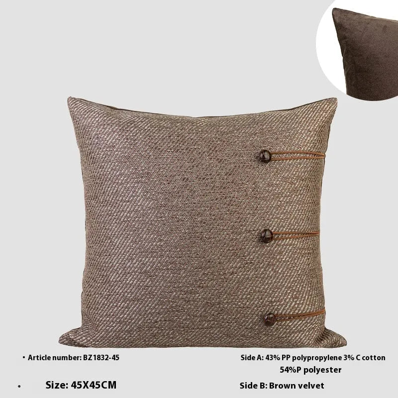 Square Chinese ancient style decorative pillow cushion on a sofa, showing Maillard colour options of brown, red brown, and yellow brown.