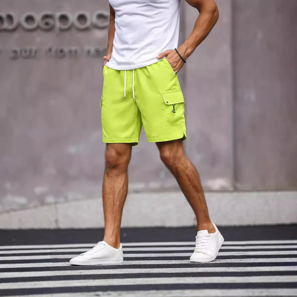 Men's loose fit street style work shorts in fluorescent green and army green colours.