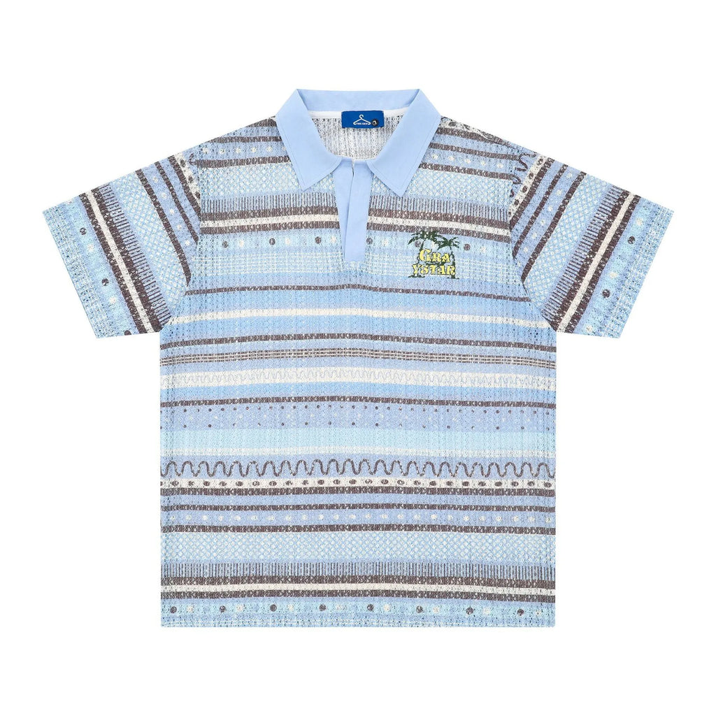 Blue and yellow versions of a men's loose-fit short-sleeved printed casual shirt.