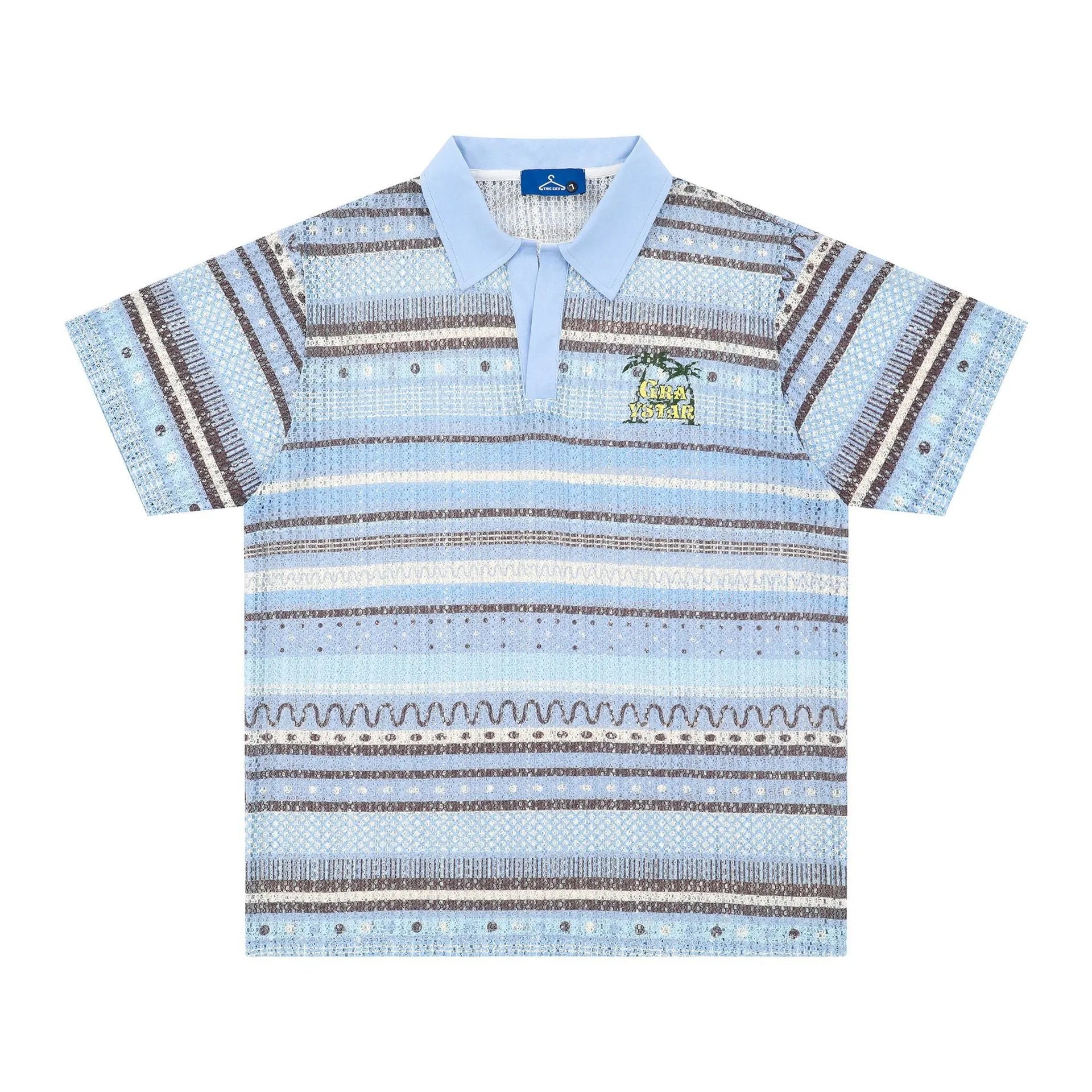 Blue and yellow versions of a men's loose-fit short-sleeved printed casual shirt.