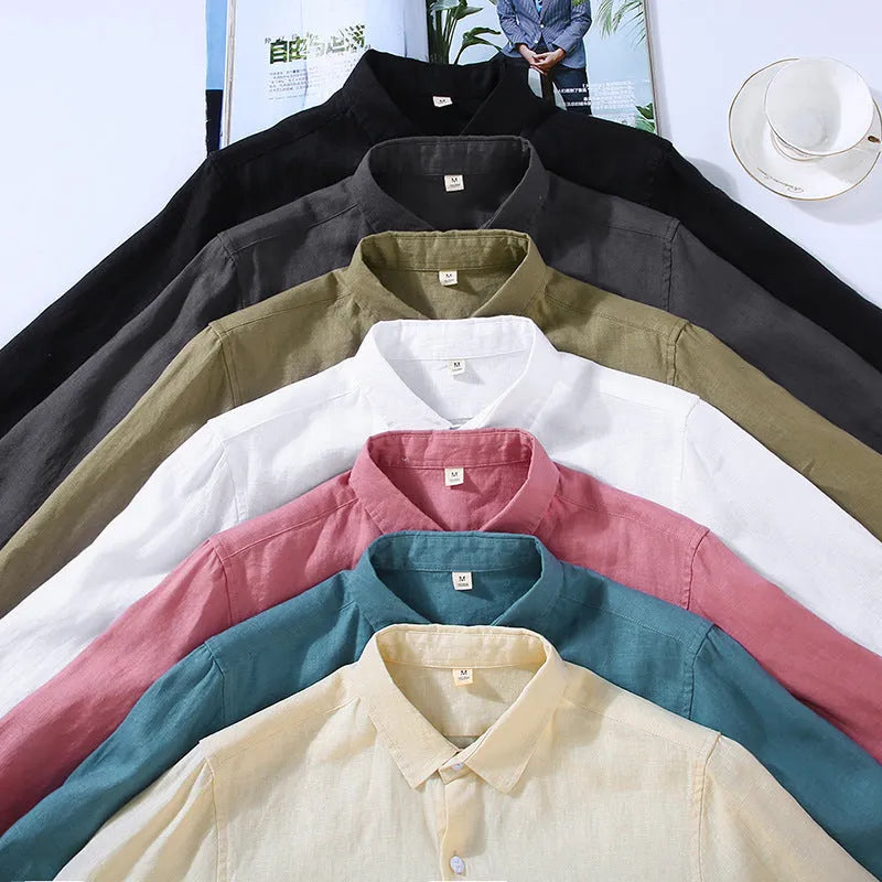 Men's pure linen cardigan-style shirt in solid colours showing long sleeves and simple design