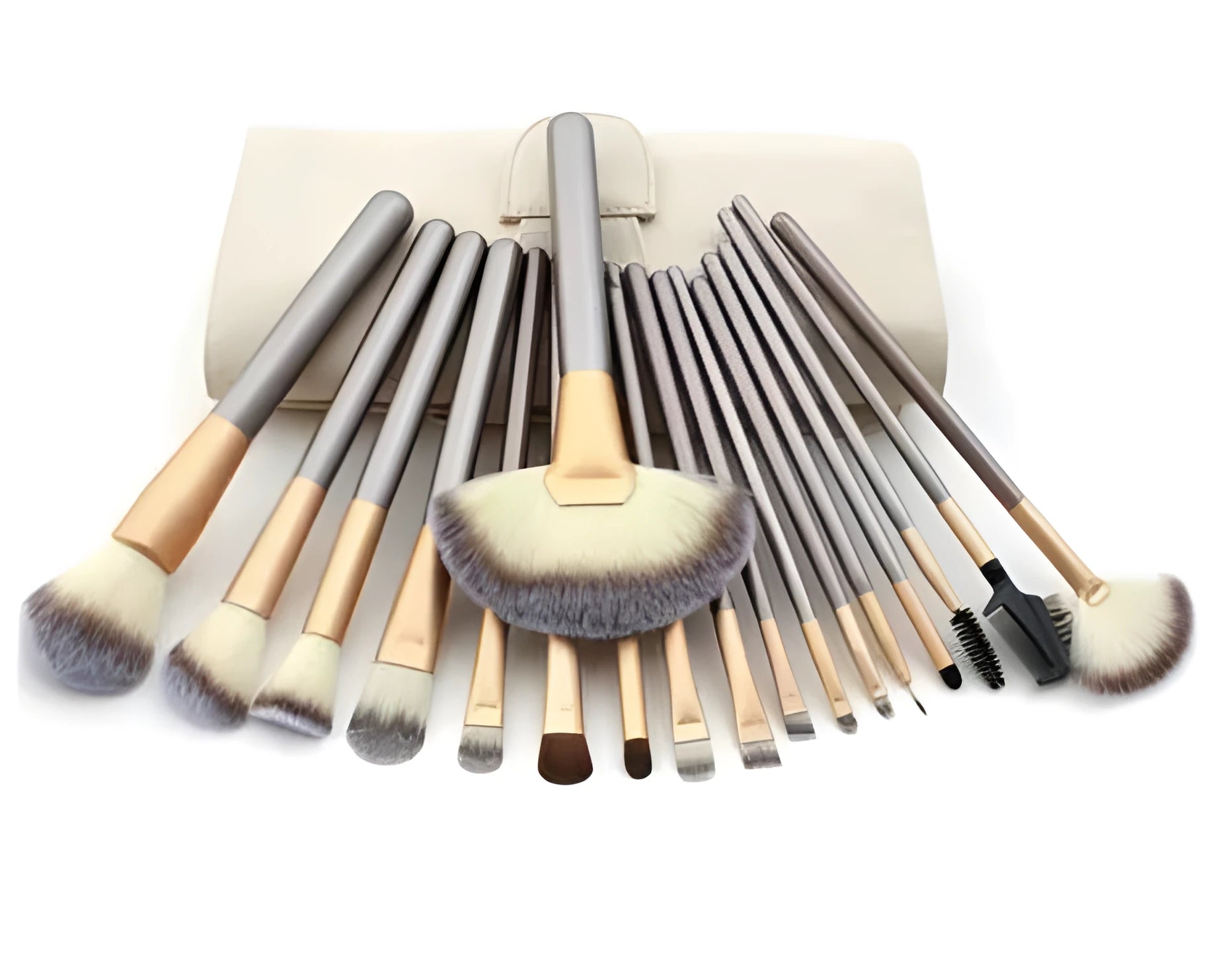 Persian makeup brush set with champagne handles and rice white bristles in 12, 18 or 24 piece options