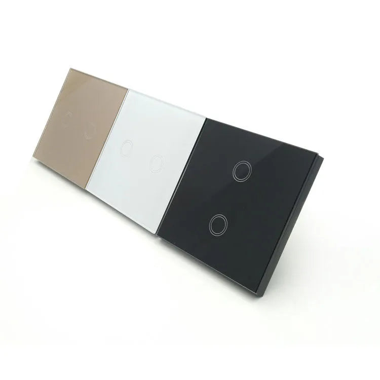 Type 86 touch switch with tempered glass panel in black, golden or white finishes