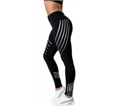 Women's black workout leggings with glow-in-the-dark print pattern for fitness activities