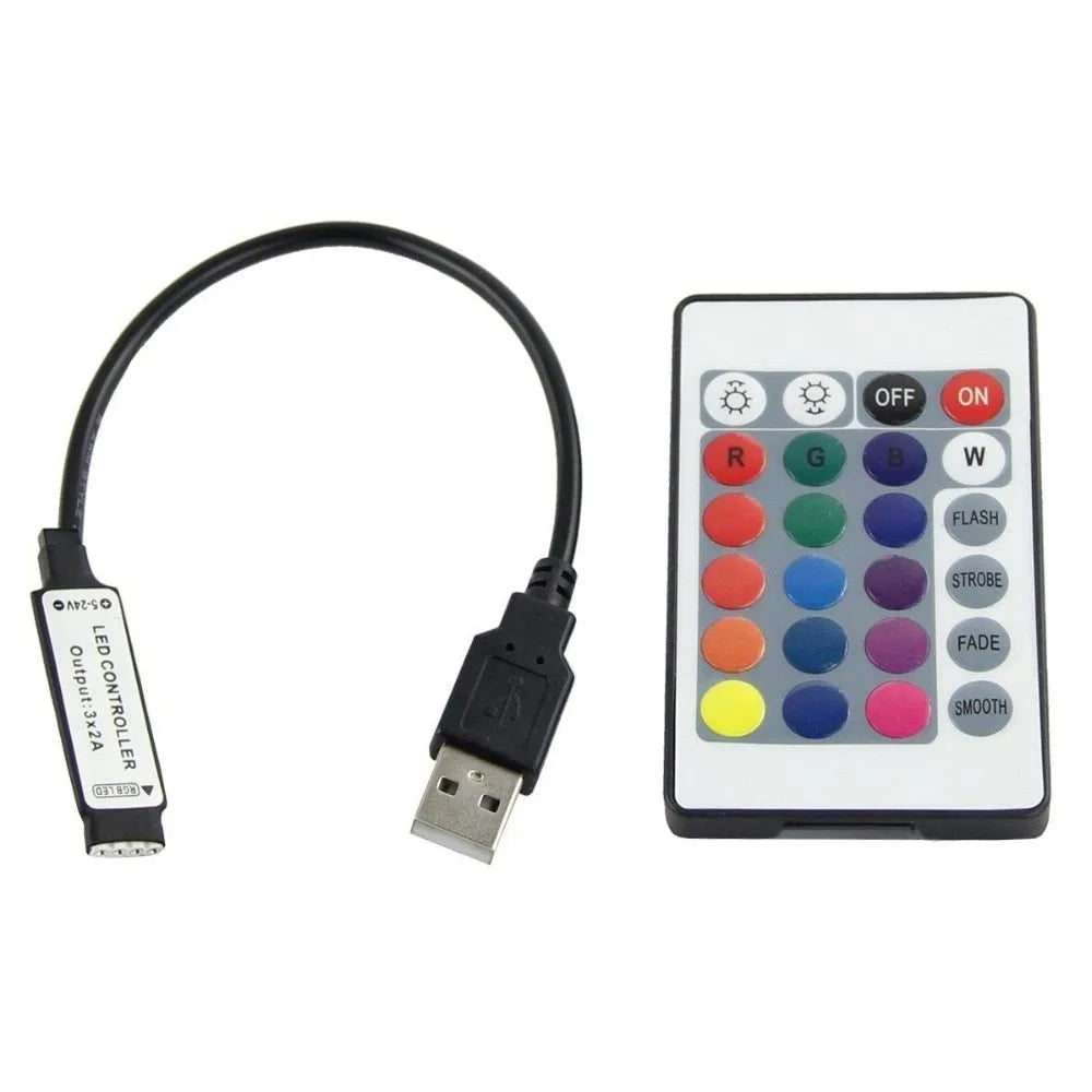 A flexible 1-metre long USB LED light strip showing multiple coloured SMD5050 LEDs on its surface.