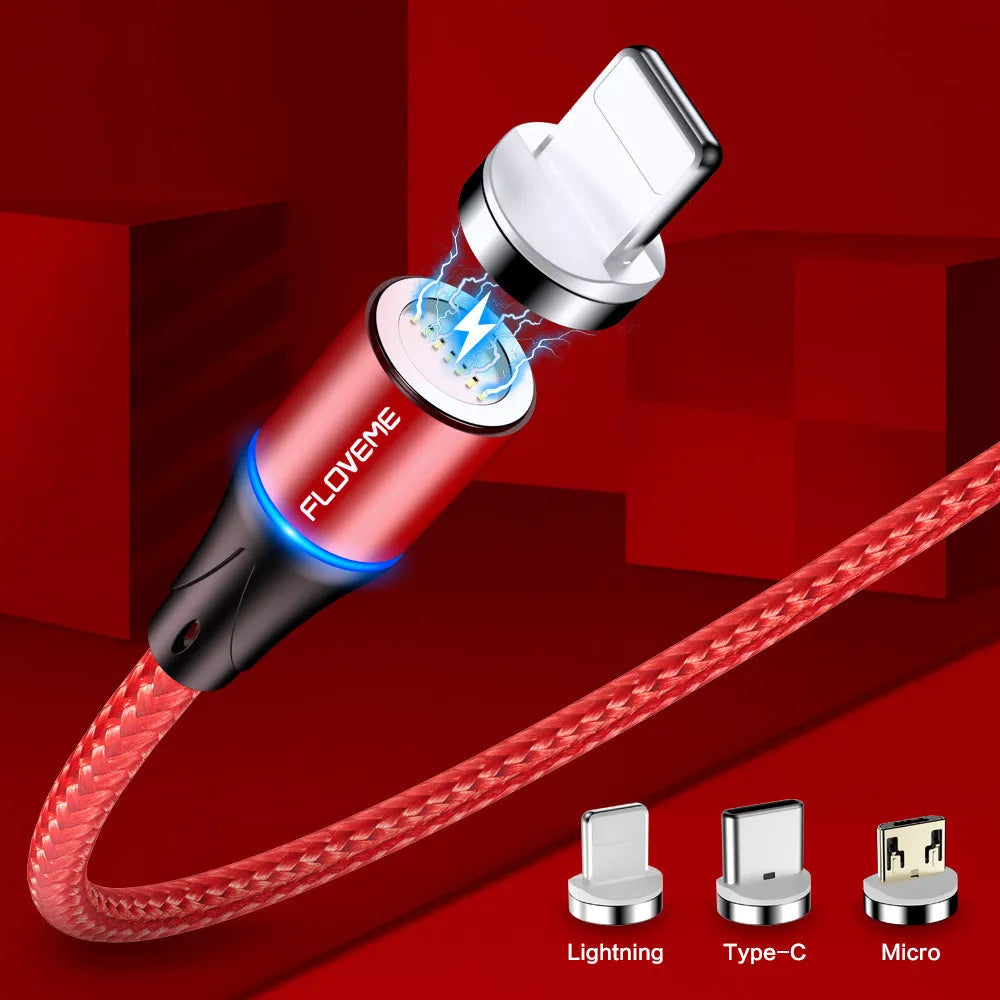 Black magnetic fast charge data cable with LED side lights and Type-C connector
