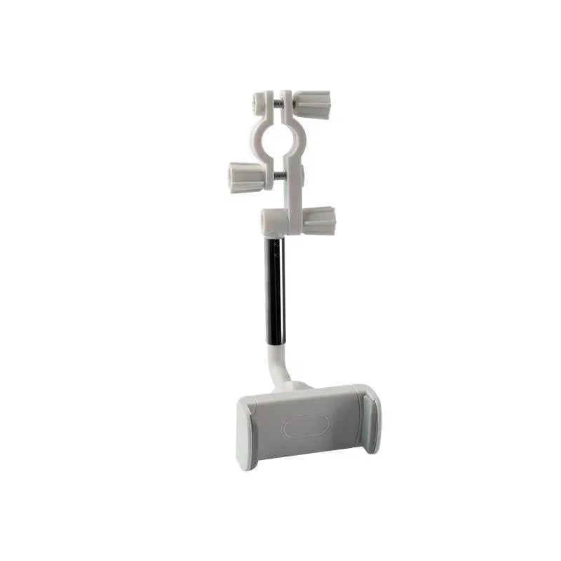 Black mobile phone bracket attached to car rearview mirror holding smartphone