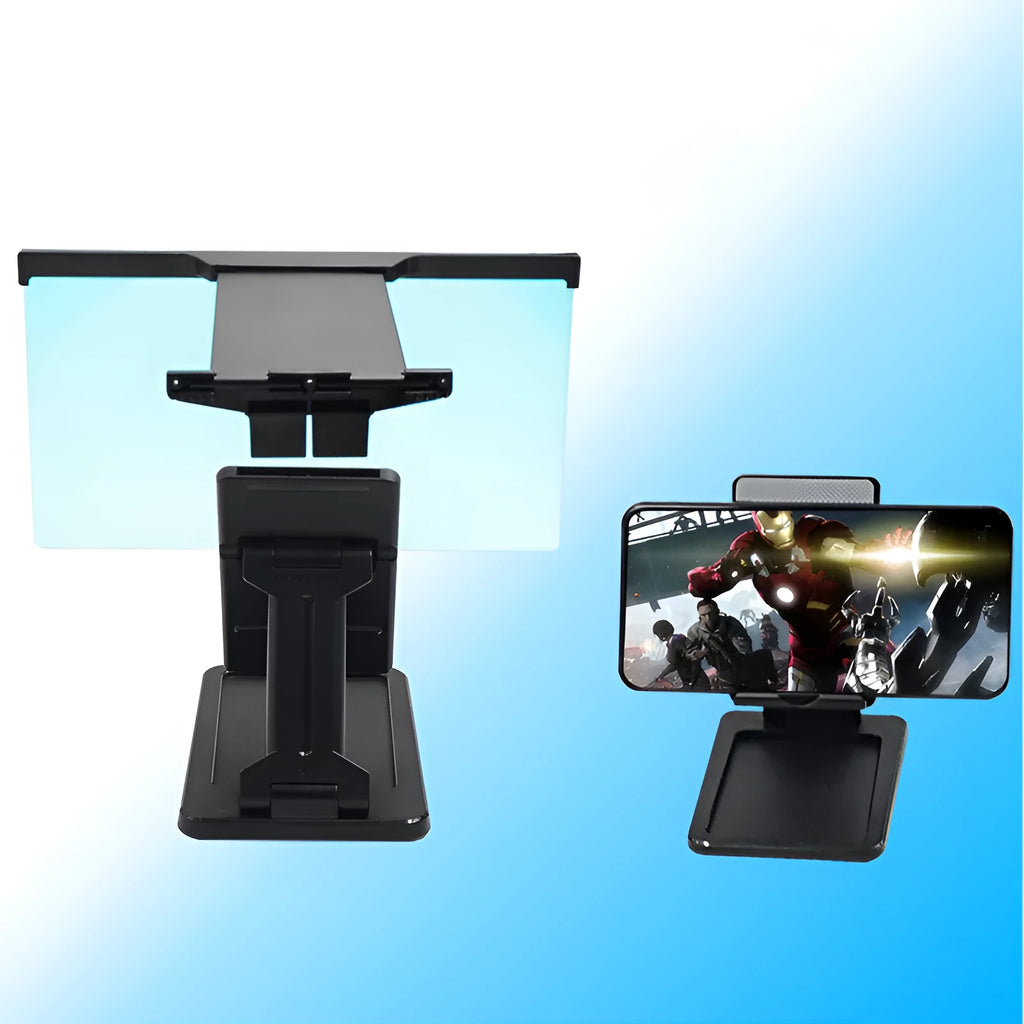 Black L20 split mobile phone screen magnifier with separate bracket on a table.