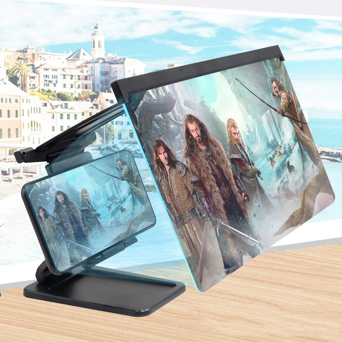 Black L20 split mobile phone screen magnifier with separate bracket on a table.