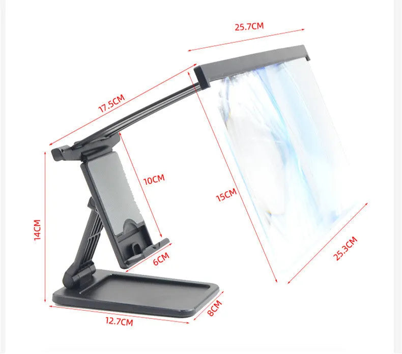 Black L20 split mobile phone screen magnifier with separate bracket on a table.