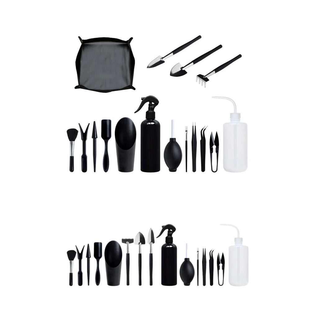 Black succulent garden tools set with 15 pieces including scissors, tweezers, watering bottles and digging tools