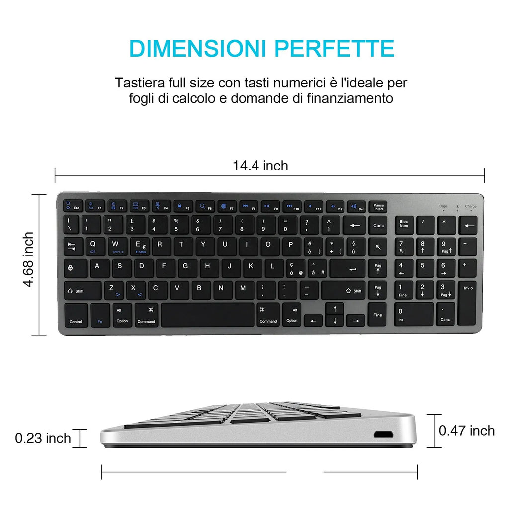Ultra-thin white Bluetooth keyboard for tablets with 104 keys showing 362mm length