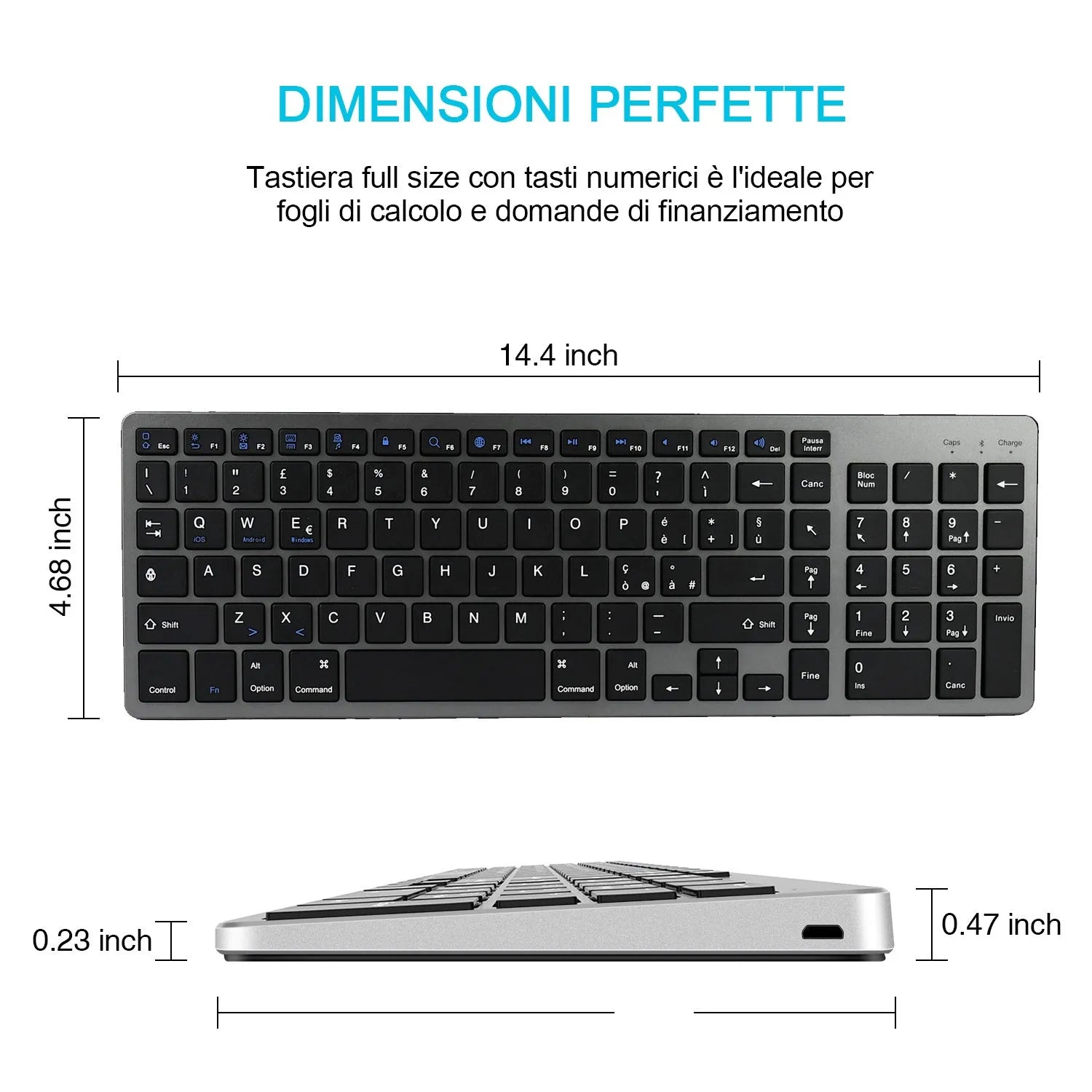 Ultra-thin white Bluetooth keyboard for tablets with 104 keys showing 362mm length