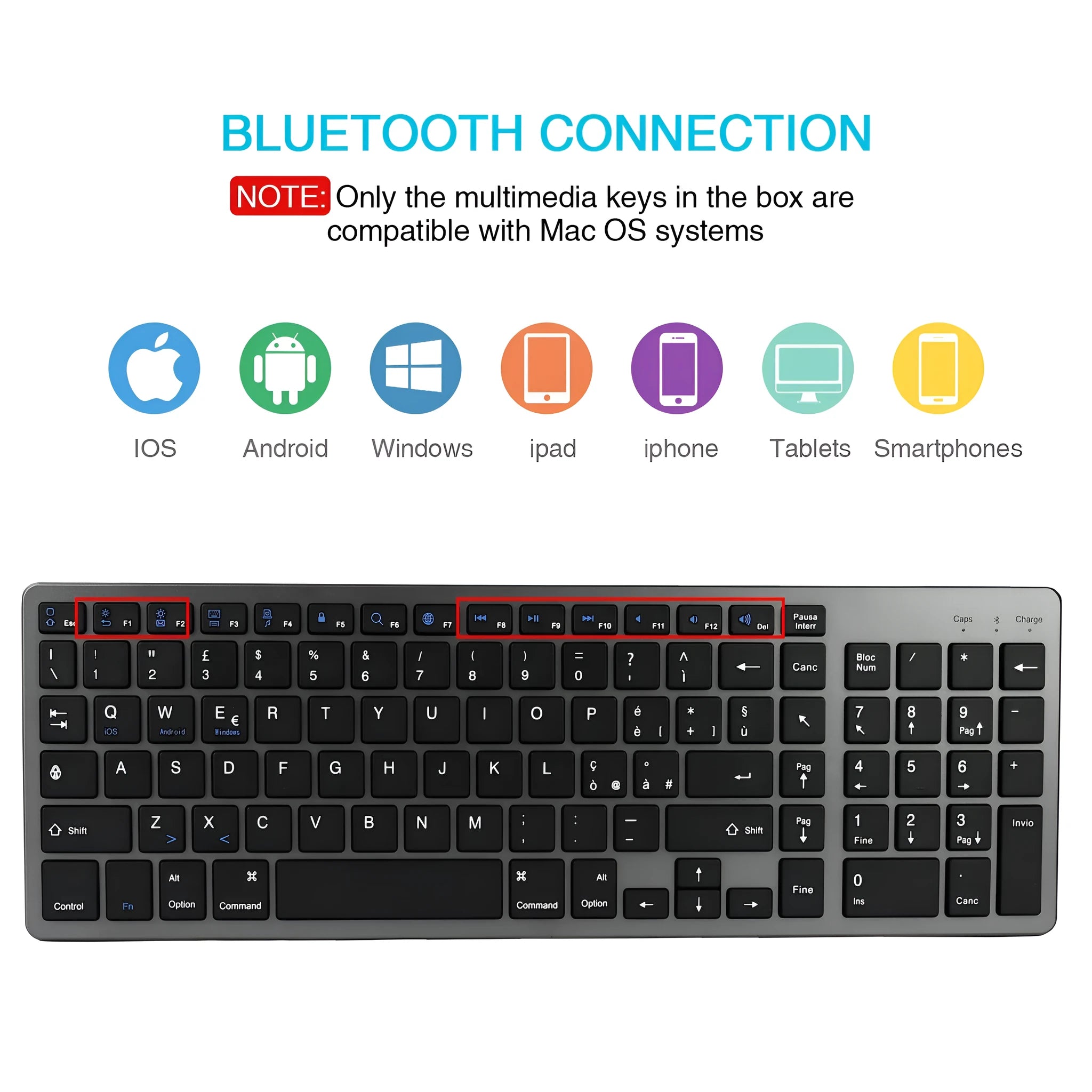 Ultra-thin white Bluetooth keyboard for tablets with 104 keys showing 362mm length
