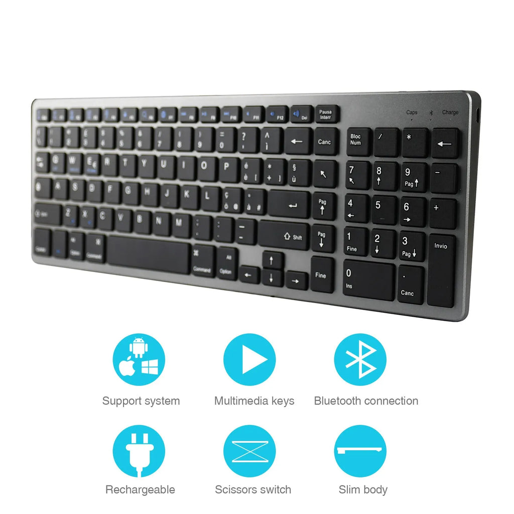 Ultra-thin white Bluetooth keyboard for tablets with 104 keys showing 362mm length