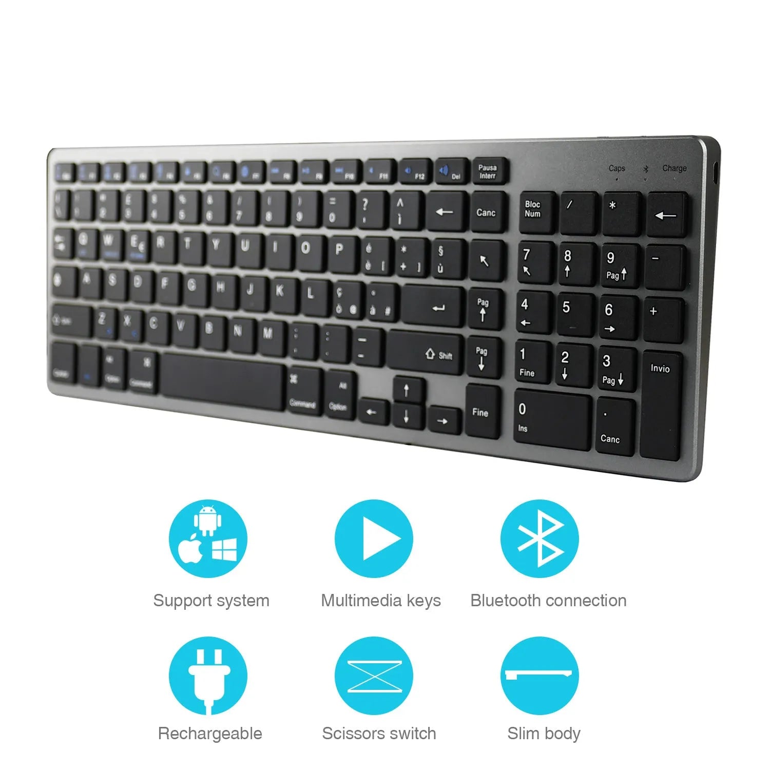 Ultra-thin white Bluetooth keyboard for tablets with 104 keys showing 362mm length