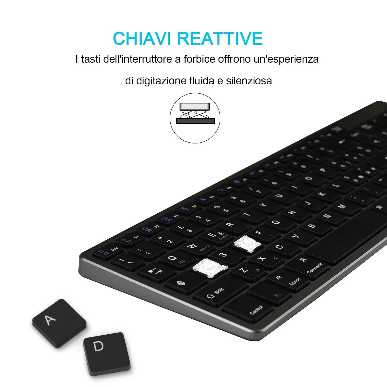 Ultra-thin white Bluetooth keyboard for tablets with 104 keys showing 362mm length