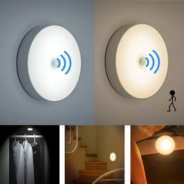 USB rechargeable motion sensing LED night light in beige or white with compact circular design