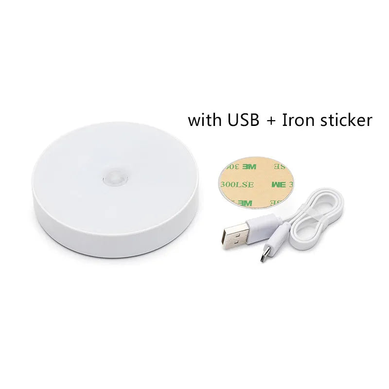 USB rechargeable motion sensing LED night light in beige or white with compact circular design