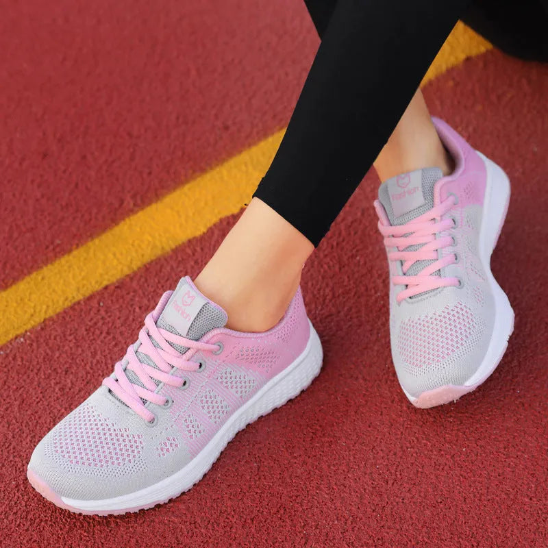 Women's high-top casual trainers with tide shoe net top design and back-lacing closure in black, pink, or white colours
