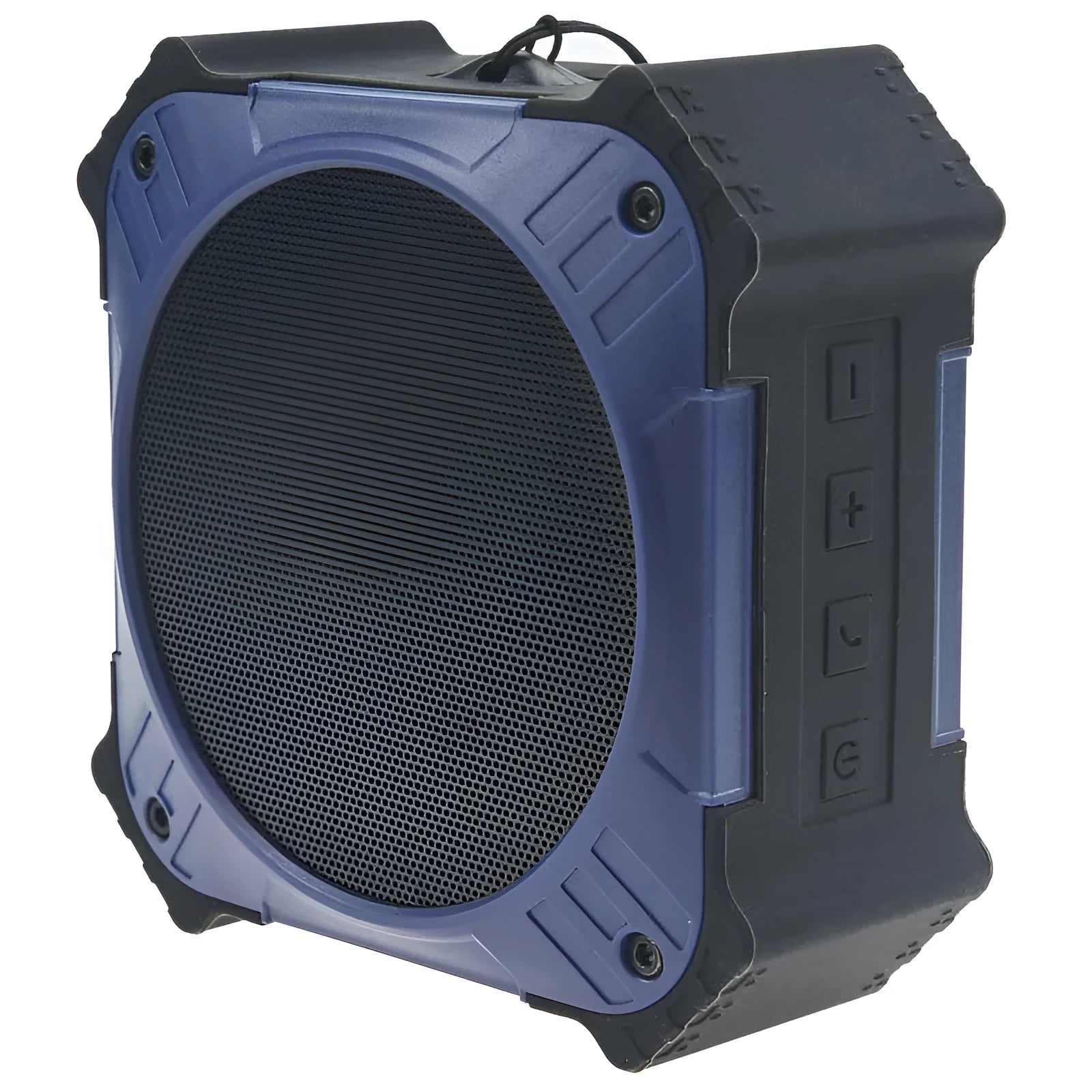 Black portable waterproof Bluetooth speaker with wrist strap and button controls