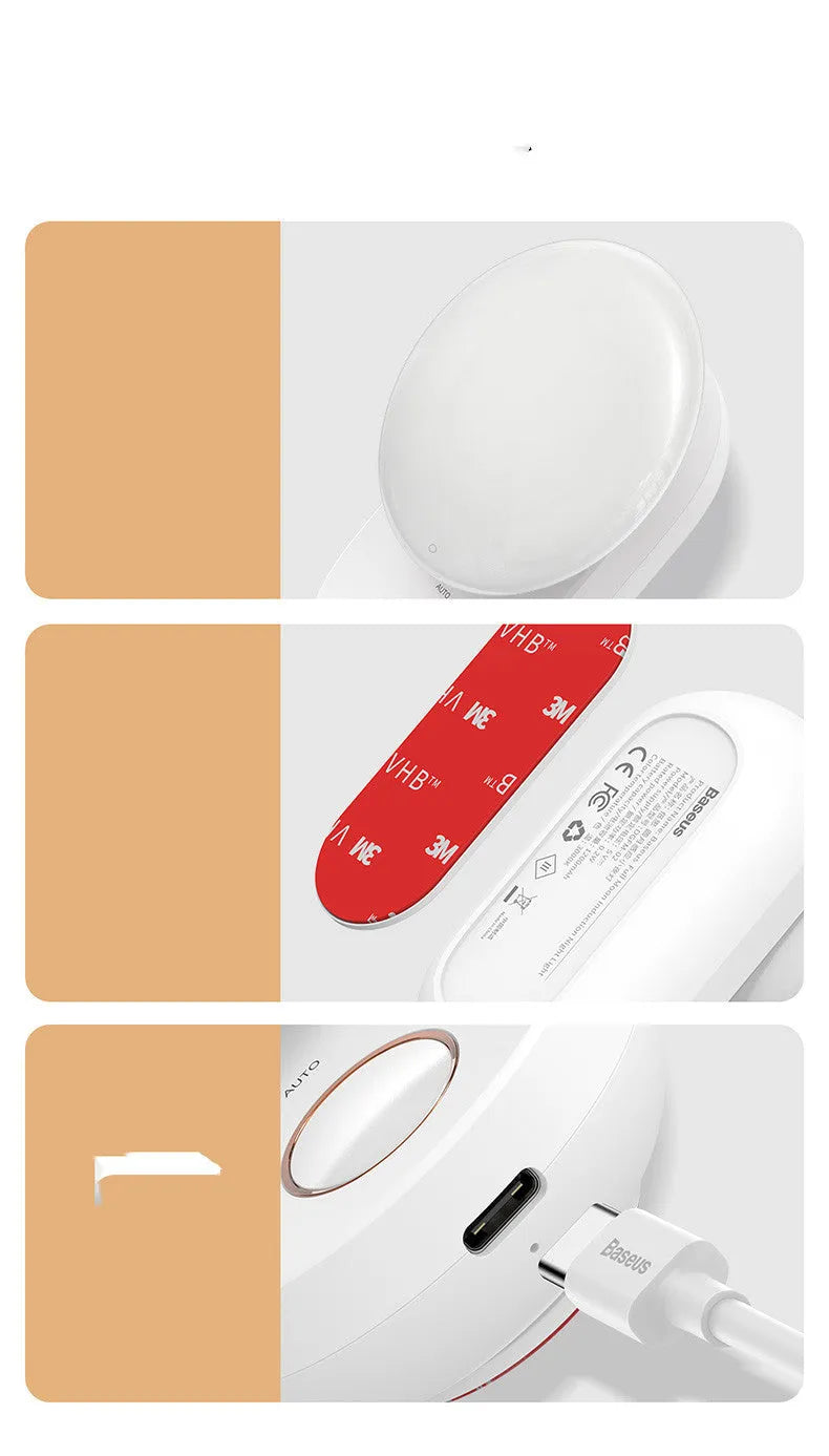 White Baseus rechargeable night light with motion sensor on a bedside table.