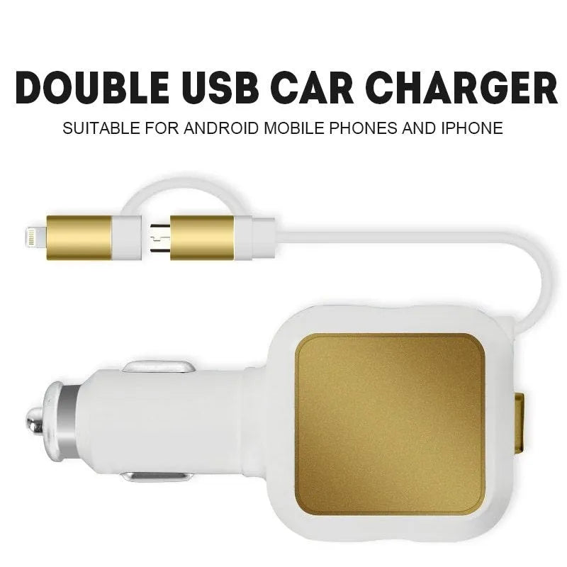 Black and gold dual USB car charger with retractable cable for vehicle charging