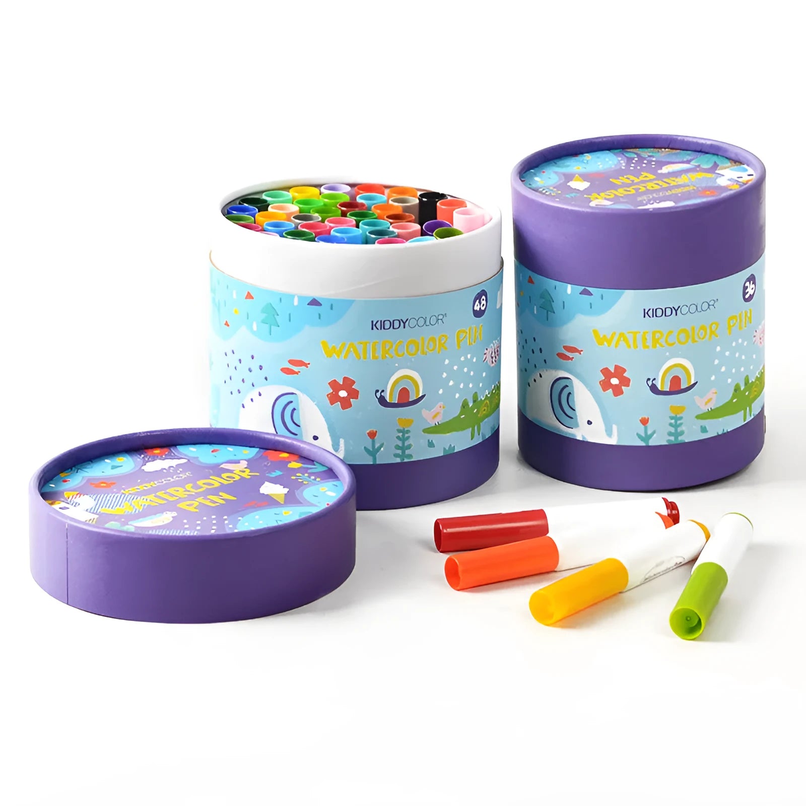 Children's washable watercolour pen set in plastic barrels with 36 or 48 colour options
