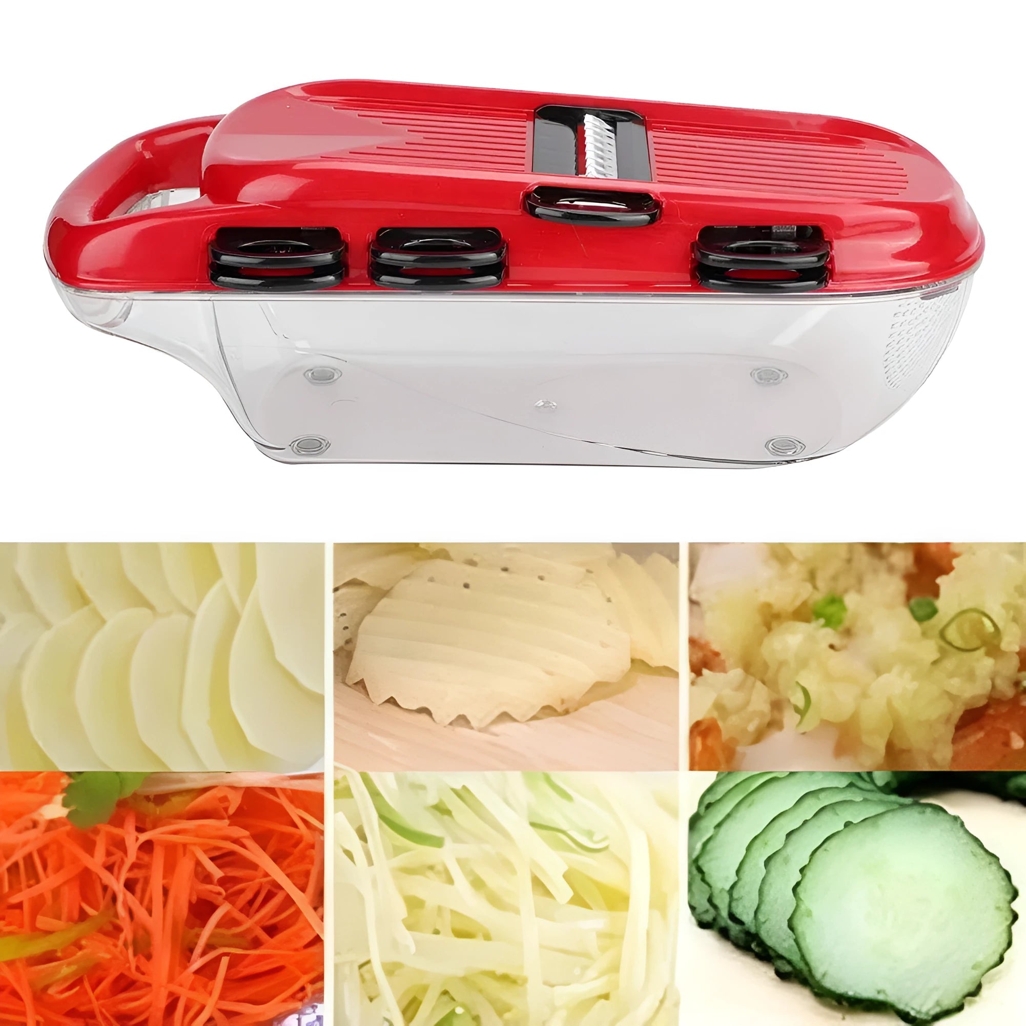 Red multi-function vegetable cutter with seven stainless steel blades and plastic body