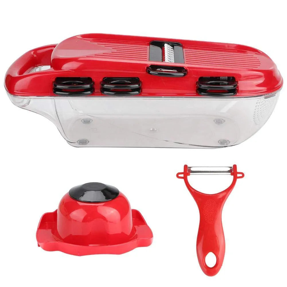 Red multi-function vegetable cutter with seven stainless steel blades and plastic body