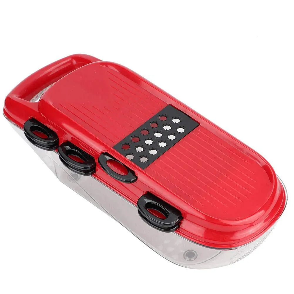 Red multi-function vegetable cutter with seven stainless steel blades and plastic body