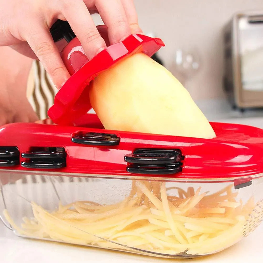 Red multi-function vegetable cutter with seven stainless steel blades and plastic body